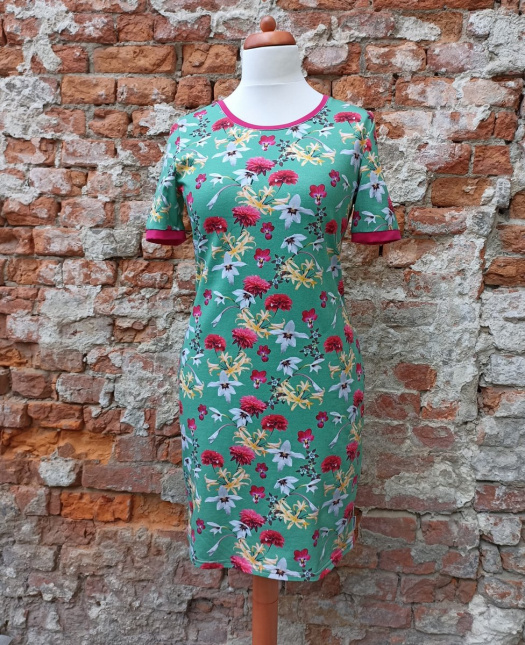 Šaty - květy na zelené, velikost L (bavlna)