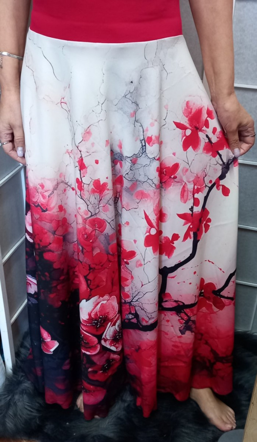 Dlouhá půlkolová sukně - červené květy, velikost M/L - POSLEDNÍ KUS!