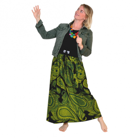 Řasená maxi sukně FEMI / zelený vzor, vel. S - XXL