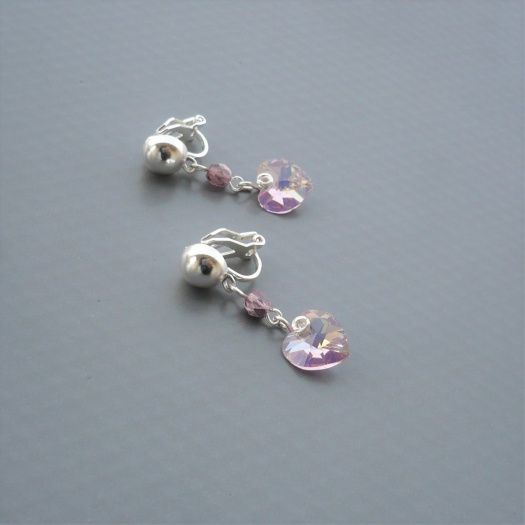 Light amethyst AB Swarovski srdce - klipsy