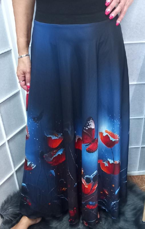 Dlouhá půlkolová sukně - vlčí máky na tmavě modré (umělé hedvábí)